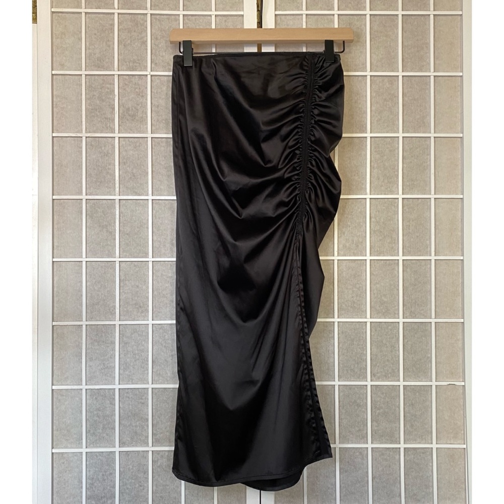 Weekday satin smocked midi skirt w/ a slit
